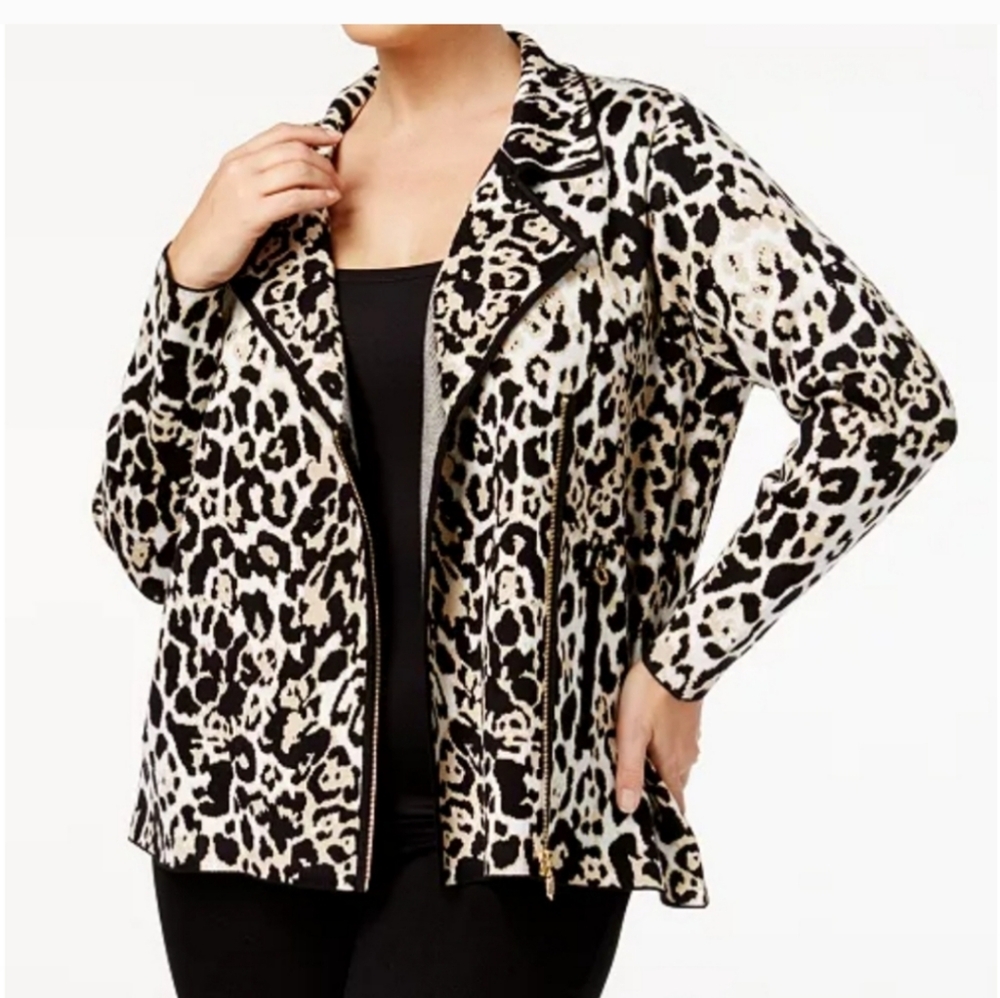Belldini Leopard Print Moto Zip Front Cardigan Sweater Sz.2X NWT
